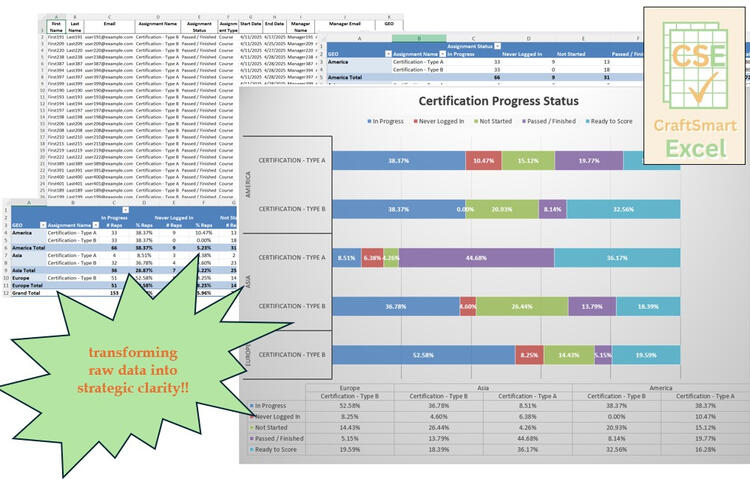Visual examples of spreadsheet solutions provided by CraftSmart Excel, including dashboards, data visualizations, and organized reports.